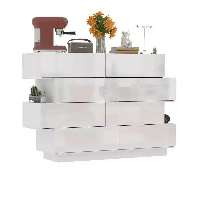 Cassettiera bianca dal design creativo, struttura asimmetrica, 8 cassetti