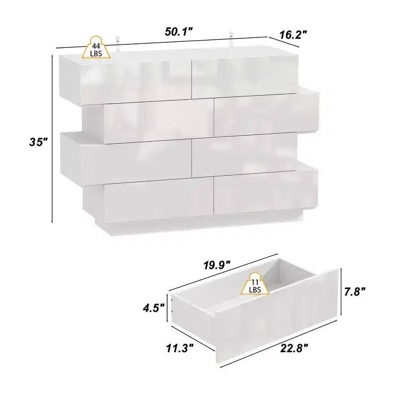 Cassettiera bianca dal design creativo, struttura asimmetrica, 8 cassetti