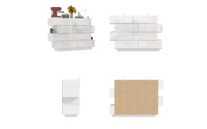 Cassettiera bianca dal design creativo, struttura asimmetrica, 8 cassetti