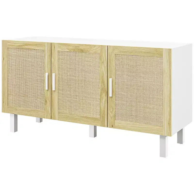 Credenza a buffet, mobile da cucina e mobile bar con 3 ante in rattan e ripiani regolabili