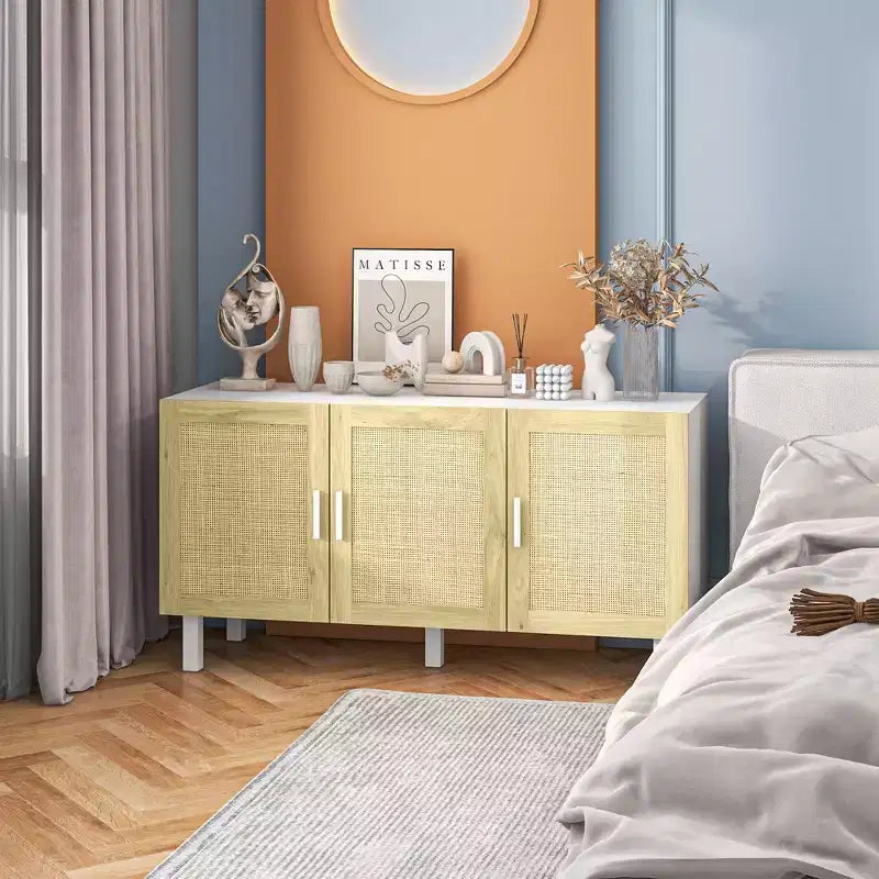 Credenza a buffet, mobile da cucina e mobile bar con 3 ante in rattan e ripiani regolabili