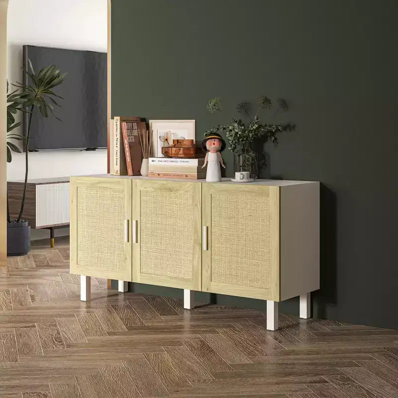 Credenza a buffet, mobile da cucina e mobile bar con 3 ante in rattan e ripiani regolabili