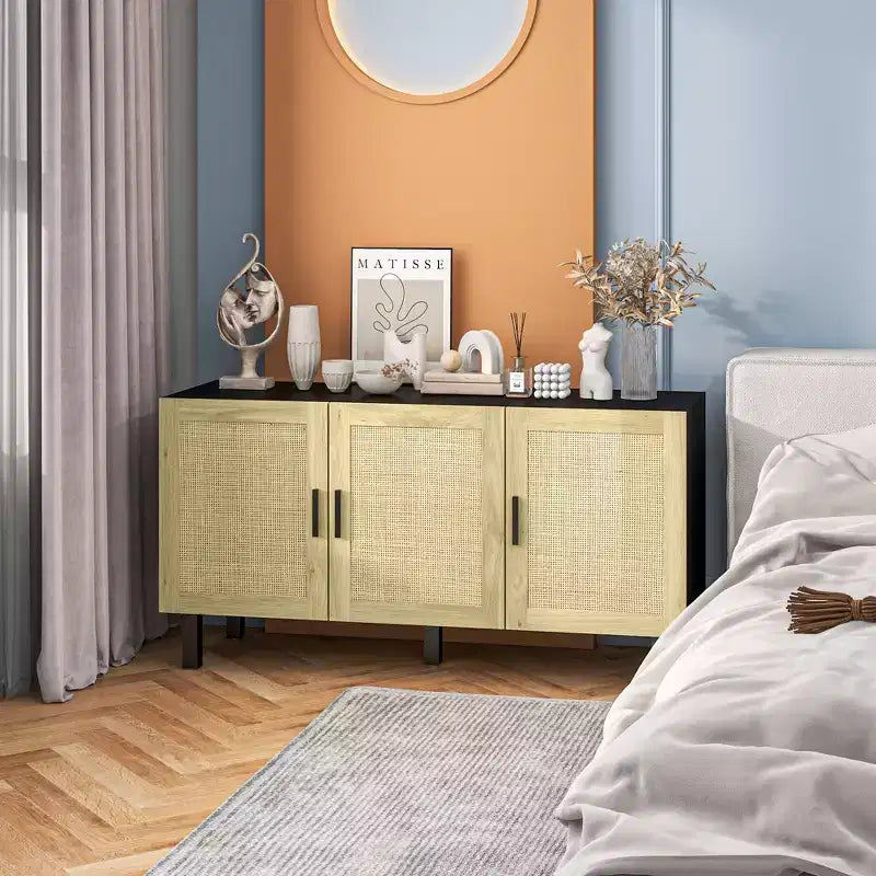 Credenza a buffet, mobile da cucina e mobile bar con 3 ante in rattan e ripiani regolabili