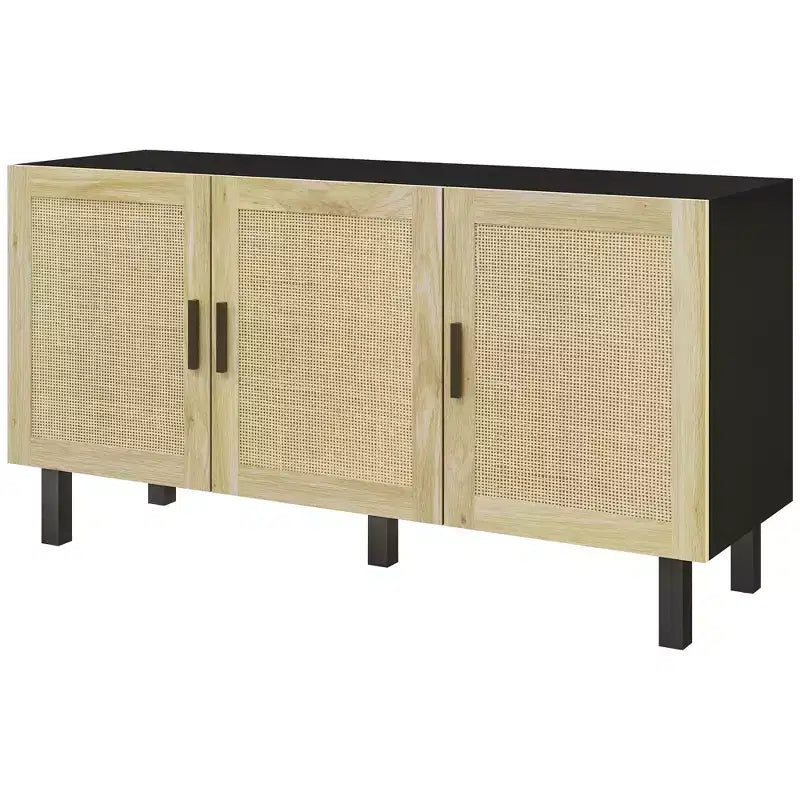 Credenza a buffet, mobile da cucina e mobile bar con 3 ante in rattan e ripiani regolabili