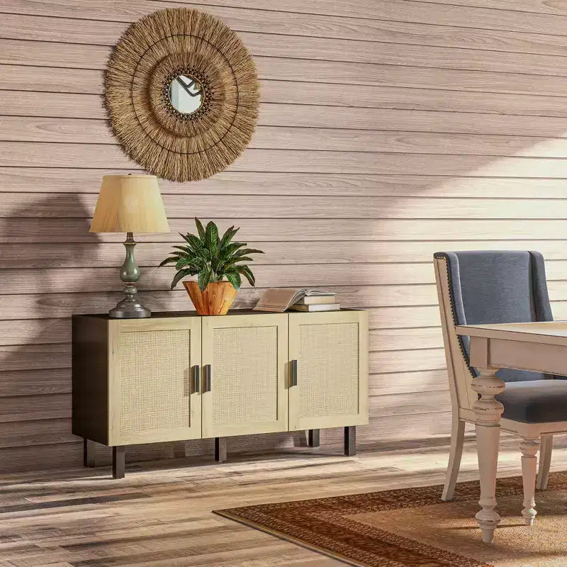 Credenza a buffet, mobile da cucina e mobile bar con 3 ante in rattan e ripiani regolabili