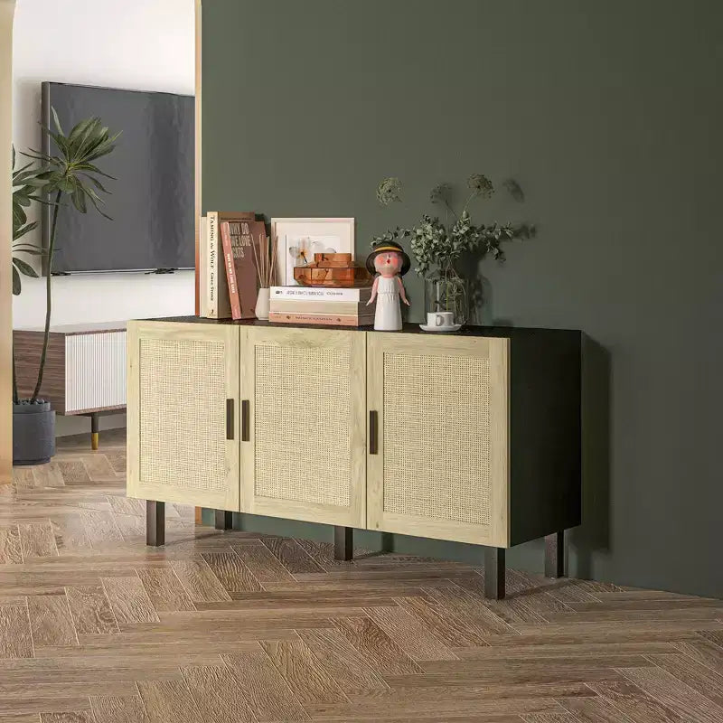 Credenza a buffet, mobile da cucina e mobile bar con 3 ante in rattan e ripiani regolabili