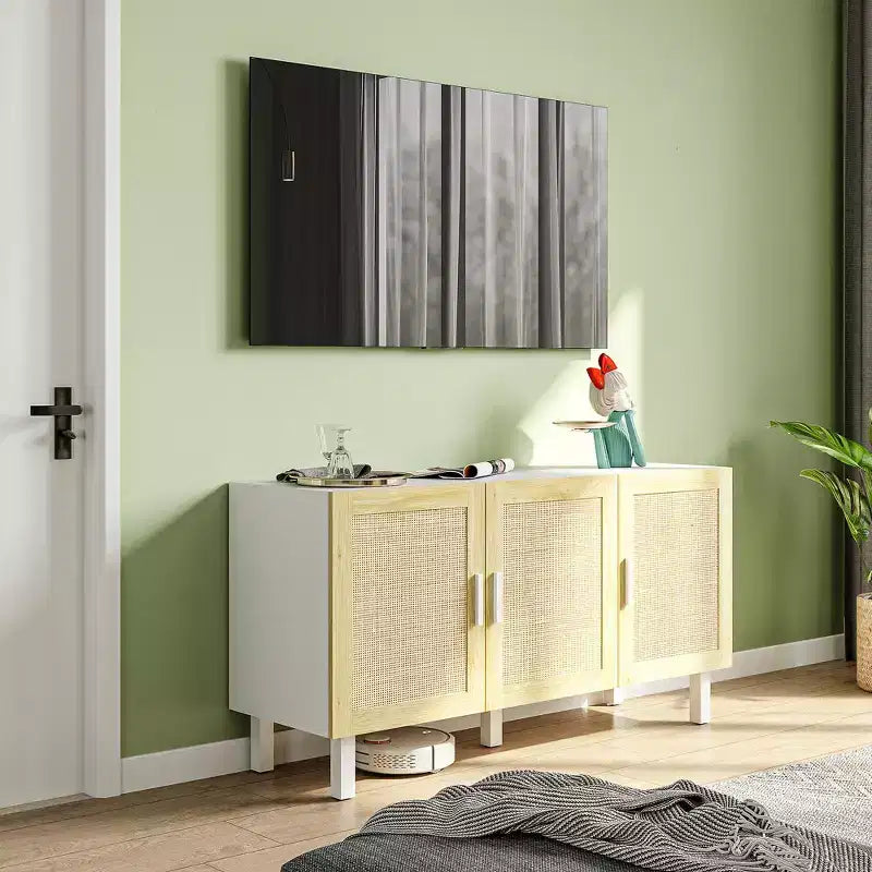 Credenza a buffet, mobile da cucina e mobile bar con 3 ante in rattan e ripiani regolabili