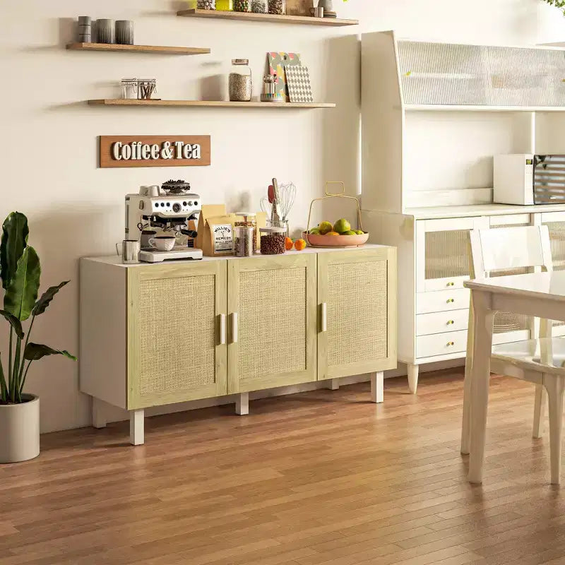 Credenza a buffet, mobile da cucina e mobile bar con 3 ante in rattan e ripiani regolabili