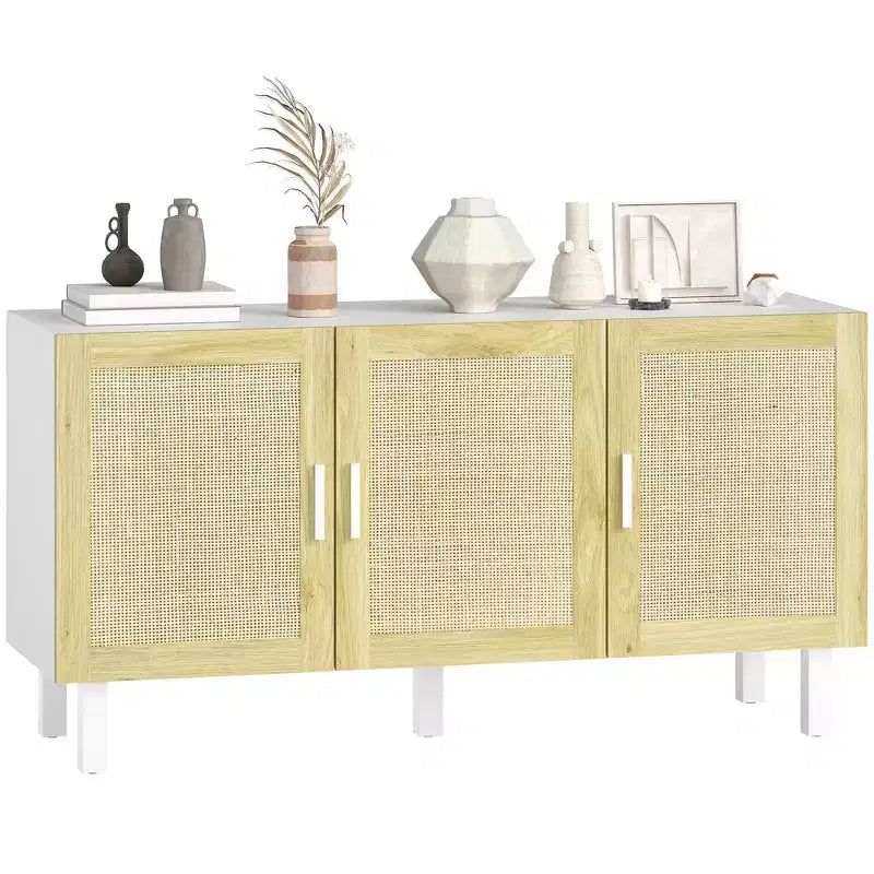 Credenza a buffet, mobile da cucina e mobile bar con 3 ante in rattan e ripiani regolabili
