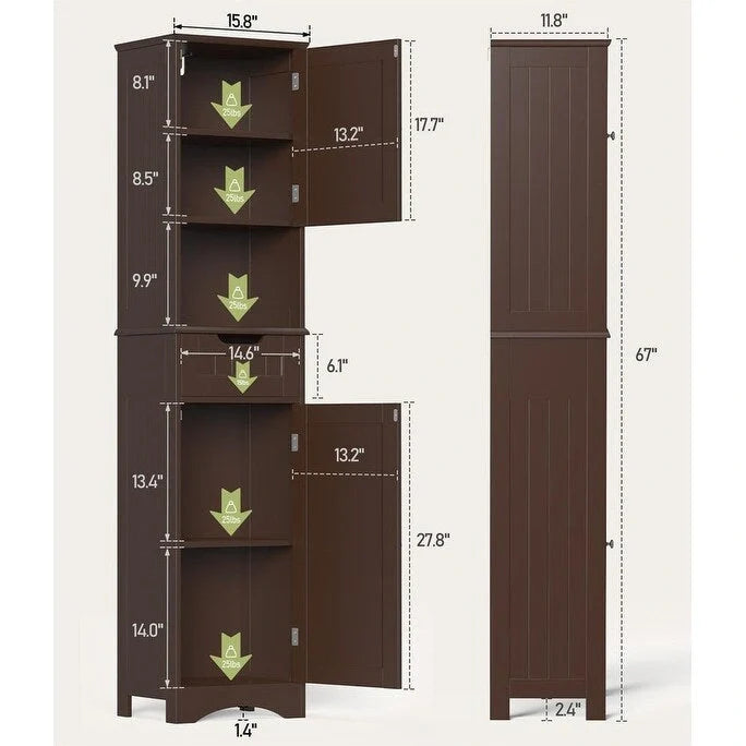 Mobile bagno alto 67 H, Armadietto portabiancheria stretto, Mobiletto contenitore con 2 ante e cassetto