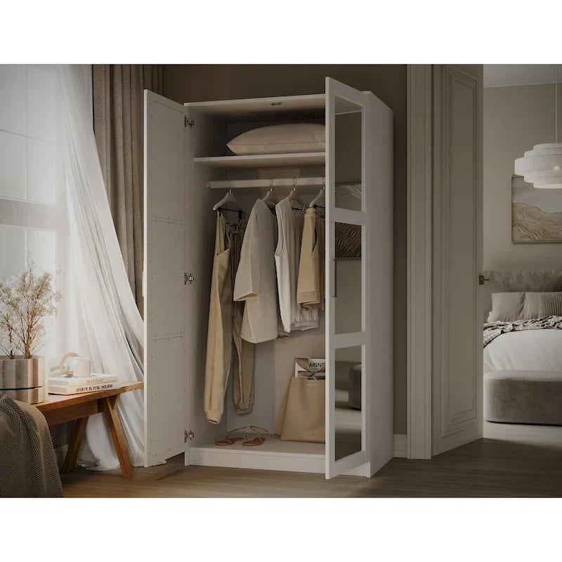Armadio Urban a 2 ante in 100% legno massello con ante piene e a specchio