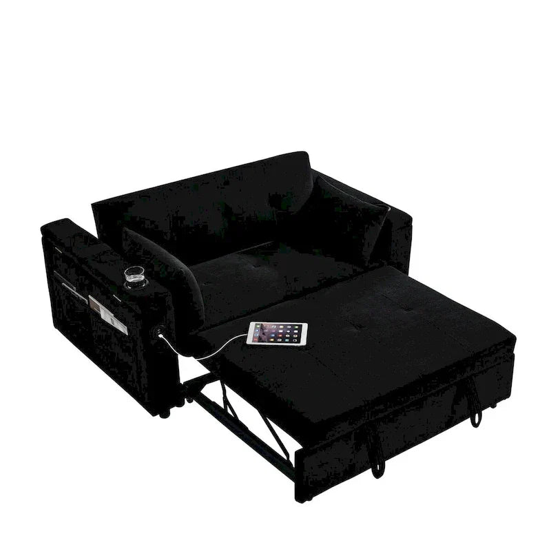 Divano Letto Estraibile 54", Divano Reclinabile 2 Posti con Contenitore, Cuscino Lombare, Presa USB