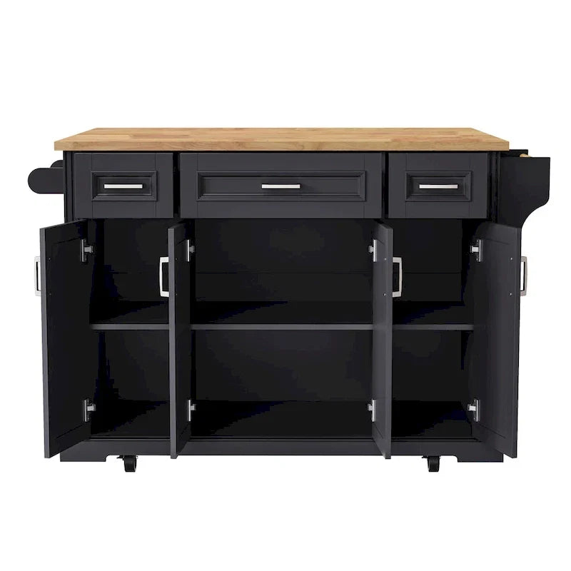 54 - Grande isola cucina con anta a ribalta in legno di gomma, carrello da cucina scorrevole con texture in rilievo su 4 ruote con 4 ante e 3 cassetti