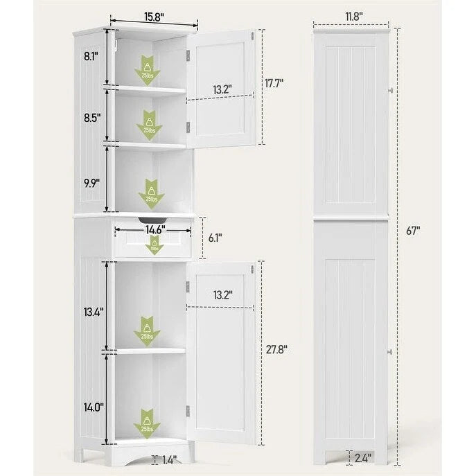 Mobile bagno alto 67 H, Armadietto portabiancheria stretto, Mobiletto contenitore con 2 ante e cassetto
