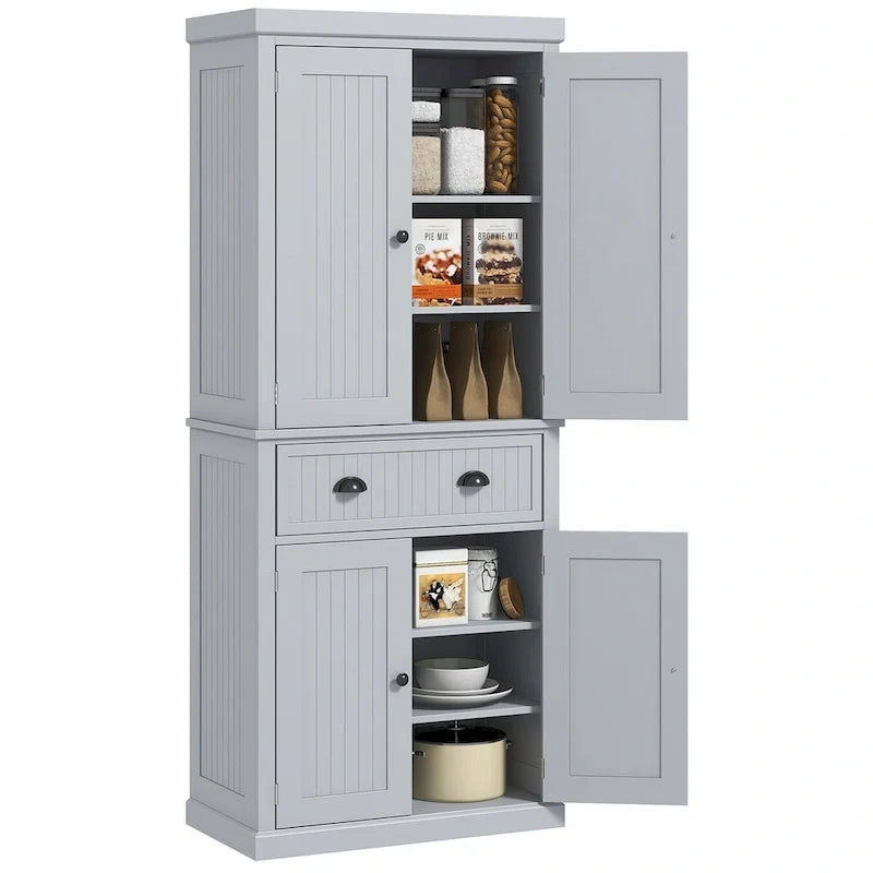 Armadio dispensa da cucina da 72 pollici, mobile tradizionale autoportante con 4 ante e 3 ripiani regolabili, ampio cassetto centrale