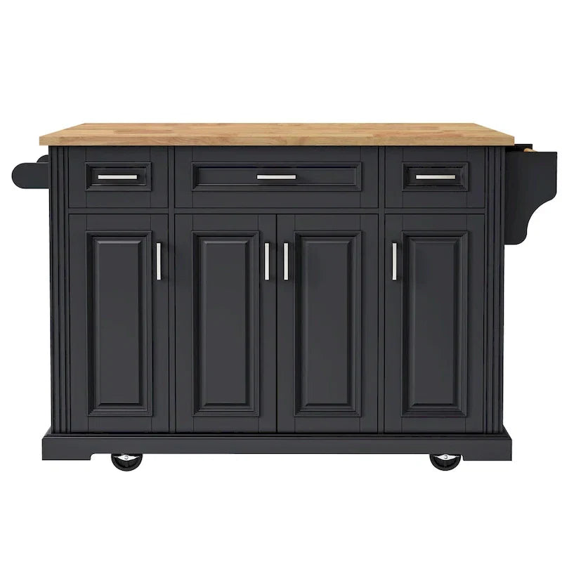 54 - Grande isola cucina con anta a ribalta in legno di gomma, carrello da cucina scorrevole con texture in rilievo su 4 ruote con 4 ante e 3 cassetti