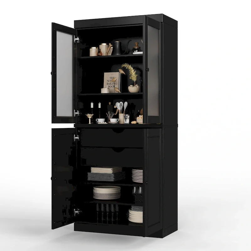 Mobile Dispensa in Legno Massello al 100% con Ante in Vetro Satinato, Ante Piene, 2 Cassetti e Ripiani Regolabili